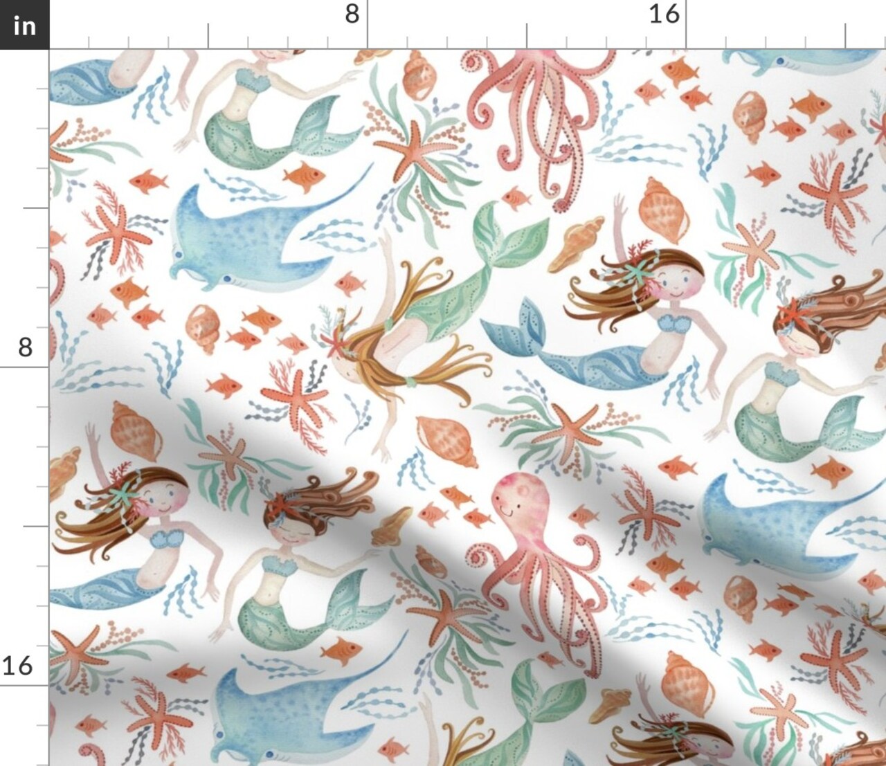 Sweet Mermaids Whimsical Watercolor Fantasy Creatures Mermaid Ocean Sea Girl Nursery Custom Printed Fabric by Spoonflower Various Fabrics by the Yard or Fat Quarter